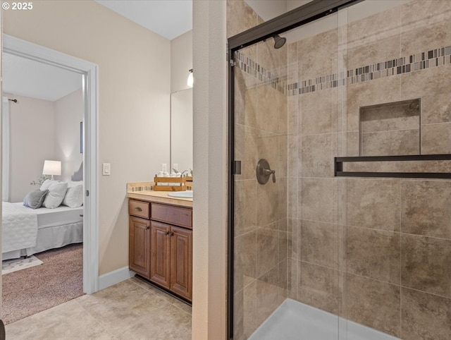 full bathroom with vanity, connected bathroom, and a stall shower