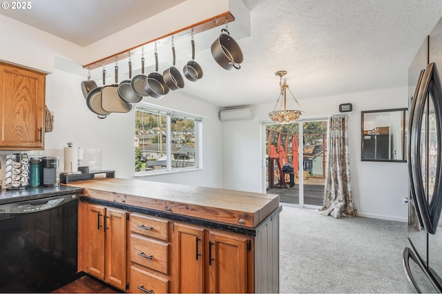 kitchen featuring an AC wall unit, black dishwasher, dark carpet, a peninsula, and butcher block counters