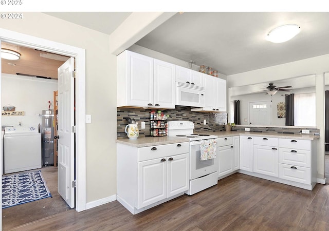 kitchen with dark hardwood / wood-style flooring, white appliances, white cabinets, and backsplash