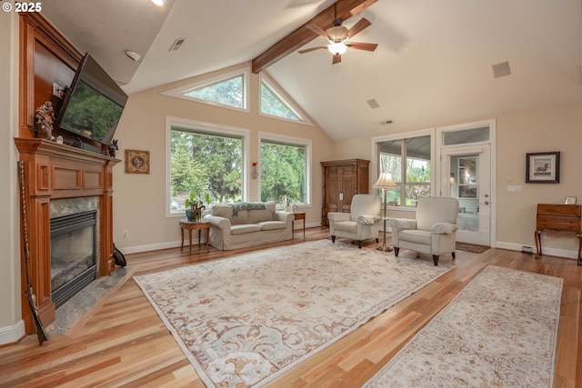 living area featuring beamed ceiling, a ceiling fan, visible vents, a premium fireplace, and light wood finished floors