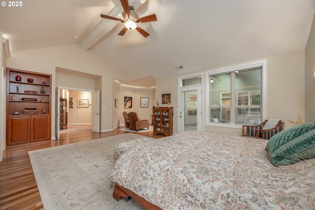 bedroom featuring visible vents, ceiling fan, wood finished floors, and lofted ceiling with beams