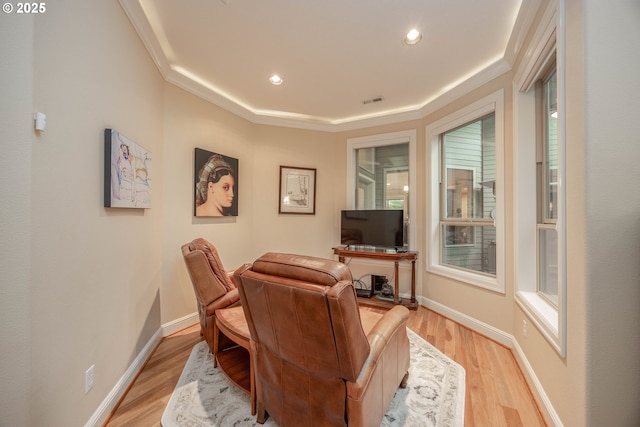 office space featuring visible vents, baseboards, recessed lighting, and light wood-style floors