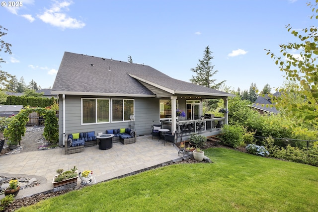 16290 SE Eckert Ln, Damascus, OR 97089 - back of house featuring outdoor lounge area, a patio area, roof with shingles, and a deck