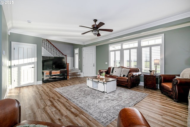 living room featuring crown molding, ceiling fan, and light hardwood / wood-style floors