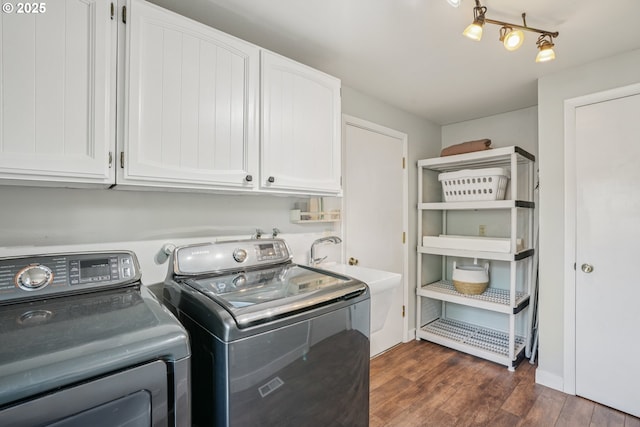 16318 SW Wright St, Beaverton, OR 97007 - laundry area featuring cabinet space, washing machine and clothes dryer, and dark wood-style flooring