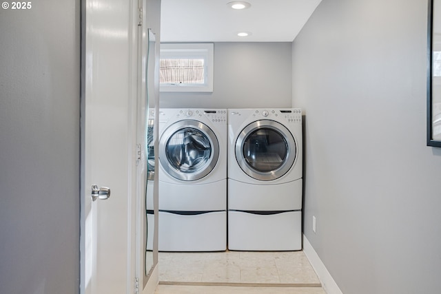 2445 SE 76th Ave, Portland, OR 97206 - laundry area with washer and clothes dryer, recessed lighting, and tile patterned flooring