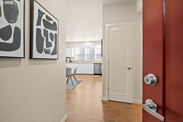 corridor featuring light wood-style floors and a sink