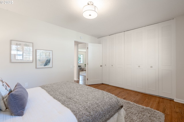 bedroom with hardwood / wood-style floors and a closet