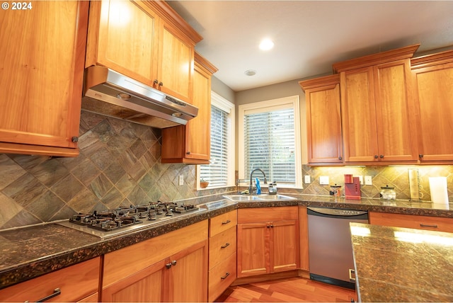 kitchen featuring stainless steel appliances, light hardwood / wood-style floors, sink, and decorative backsplash