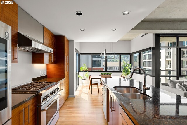 1830 NW Riverscape St Unit 406, Portland, OR 97209 - kitchen with wall chimney range hood, appliances with stainless steel finishes, a sink, light wood-style floors, and recessed lighting