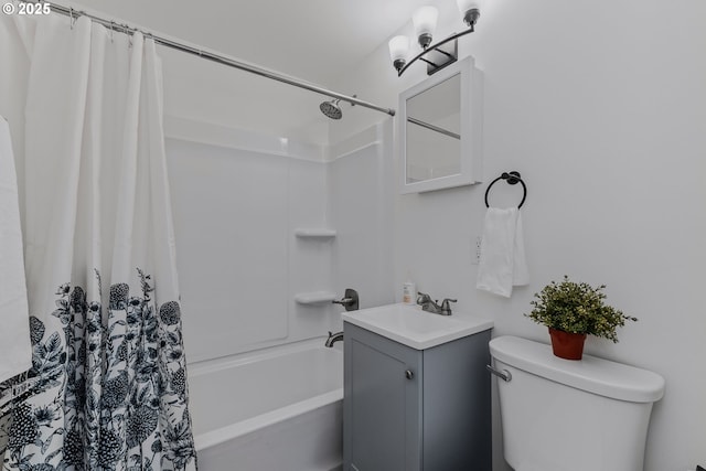 full bath with vanity, toilet, and shower / bath combination with curtain