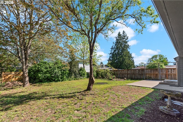 view of yard with fence and a patio
