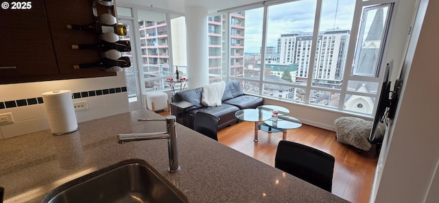 living room featuring a view of city, plenty of natural light, and wood finished floors