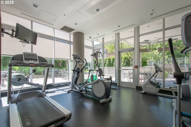 workout area featuring expansive windows and visible vents