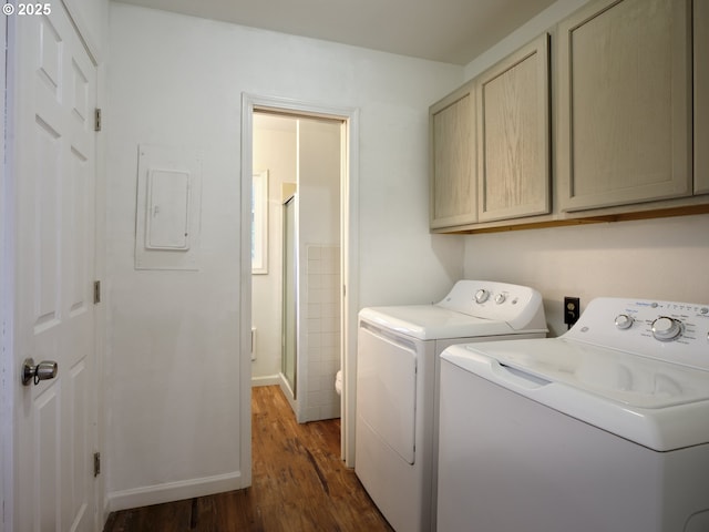 1818 E 32nd St, Vancouver, WA 98663 - laundry area featuring washer and dryer, electric panel, cabinet space, and dark wood-type flooring
