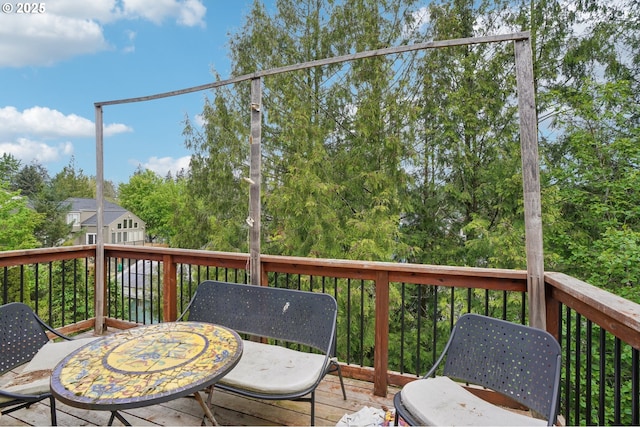 wooden terrace featuring view of wooded area