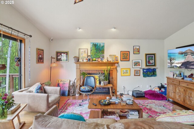 living room featuring wood finished floors and a fireplace