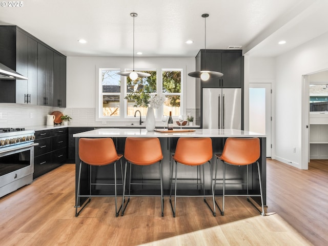 kitchen with pendant lighting, high quality appliances, backsplash, a center island, and light wood-type flooring