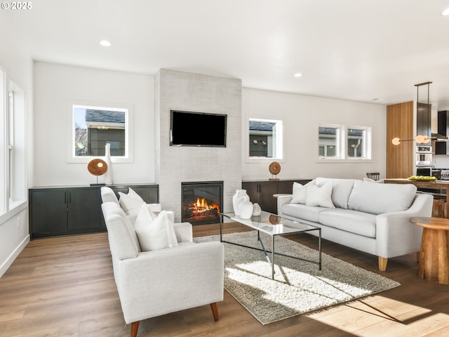 living room featuring hardwood / wood-style floors, a wealth of natural light, and a fireplace