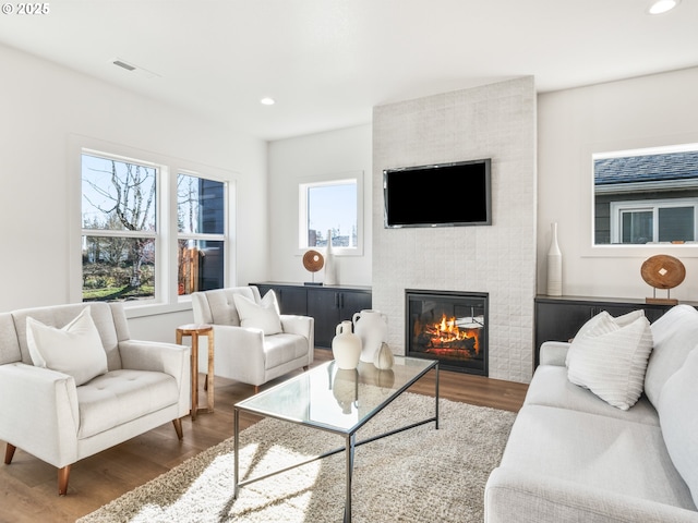 living room featuring hardwood / wood-style flooring and a large fireplace