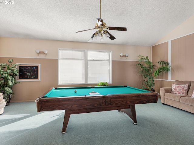 game room featuring carpet flooring, billiards, a textured ceiling, ceiling fan, and lofted ceiling