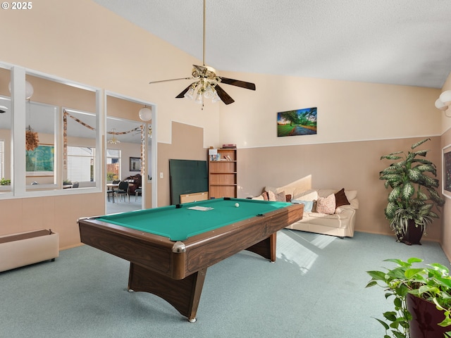 recreation room with carpet flooring, a ceiling fan, pool table, a textured ceiling, and vaulted ceiling