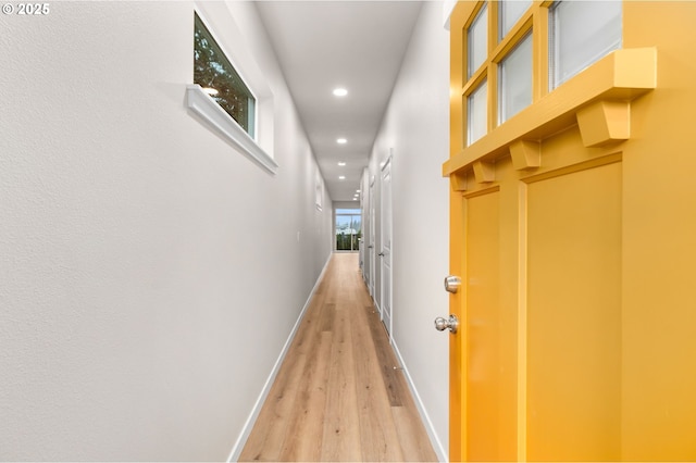 hallway featuring a towering ceiling and light wood-type flooring