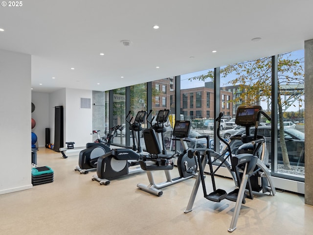 workout area with a wall of windows