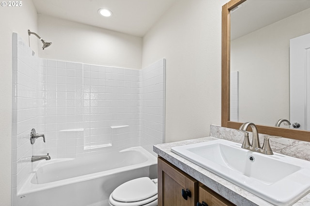 full bath with vanity, toilet, recessed lighting, and shower / bathtub combination