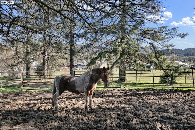 view of stable with a rural view