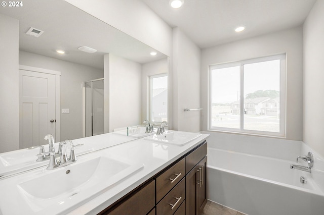 bathroom featuring tile patterned floors, a washtub, vanity, and a healthy amount of sunlight