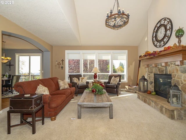 2600 Umpqua Ln, West Linn, OR 97068 - living room with a chandelier, carpet floors, lofted ceiling, and plenty of natural light
