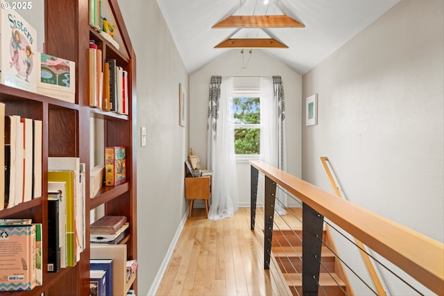 3416 SE 63rd Ave, Portland, OR 97206 - hallway with light wood-style flooring, an upstairs landing, and baseboards
