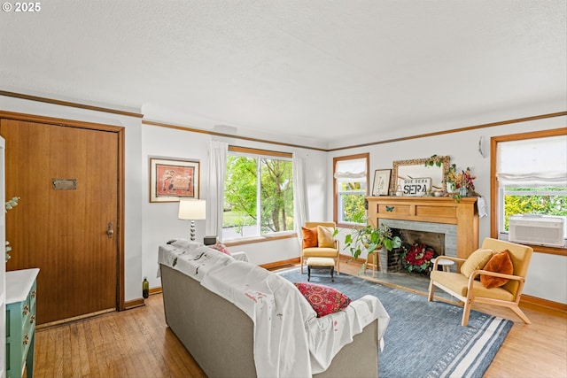 3416 SE 63rd Ave, Portland, OR 97206 - living area featuring baseboards, light wood-style floors, a fireplace, and crown molding