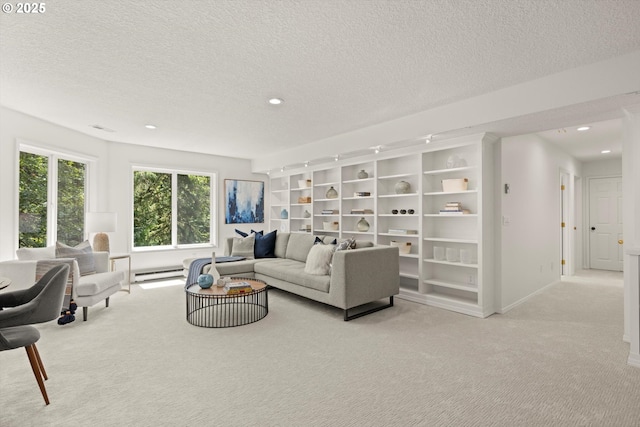 1911 NW Norfolk Ct, Portland, OR 97229 - living room featuring carpet, a textured ceiling, recessed lighting, and a baseboard radiator