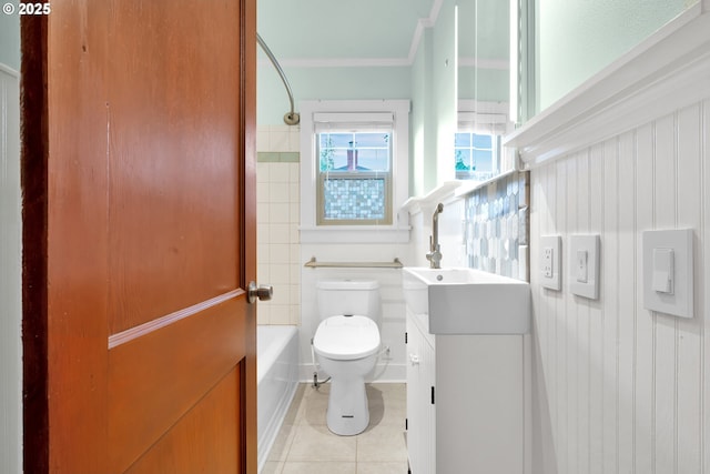 1710 Norkenzie Rd, Eugene, OR 97401 - full bathroom featuring vanity, toilet, washtub / shower combination, tile patterned flooring, and ornamental molding