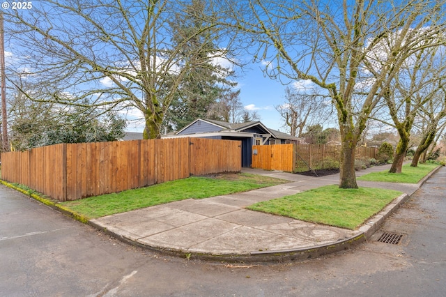 view of front of house with a front lawn, a gate, and a fenced front yard