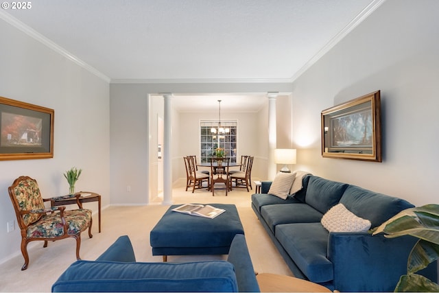 living area with decorative columns, light colored carpet, an inviting chandelier, ornamental molding, and baseboards