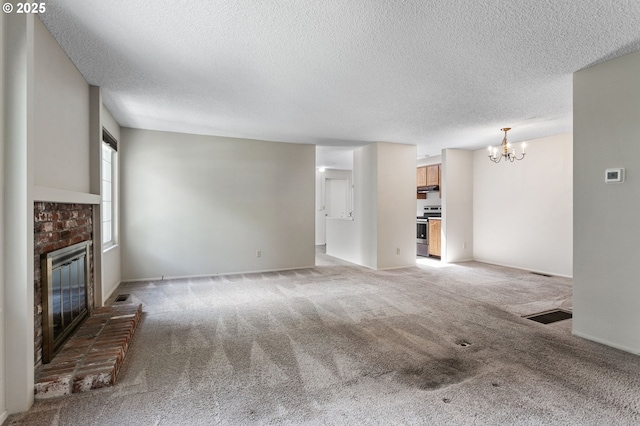 6095 SW Erickson Ave, Beaverton, OR 97008 - unfurnished living room featuring a chandelier, a brick fireplace, a textured ceiling, and light carpet