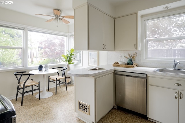 2416 SE 60th Ave, Portland, OR 97206 - kitchen with stainless steel dishwasher, light countertops, a ceiling fan, and a peninsula