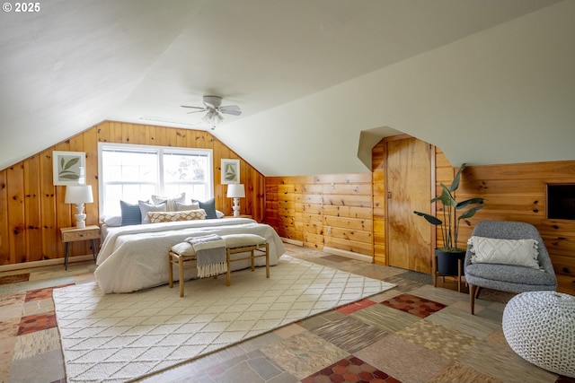 2416 SE 60th Ave, Portland, OR 97206 - bedroom with wood walls, lofted ceiling, and a ceiling fan
