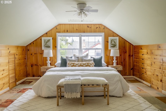 2416 SE 60th Ave, Portland, OR 97206 - bedroom featuring vaulted ceiling, wooden walls, and a ceiling fan