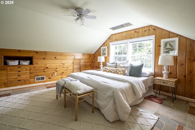 2416 SE 60th Ave, Portland, OR 97206 - bedroom with wood walls, vaulted ceiling, and a ceiling fan