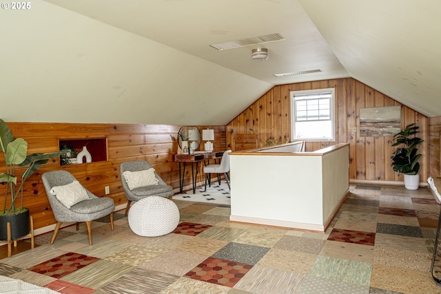 2416 SE 60th Ave, Portland, OR 97206 - living area featuring wooden walls, tile patterned floors, and lofted ceiling