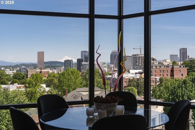 dining room with a city view
