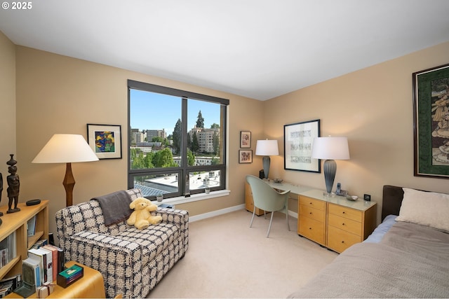home office featuring light colored carpet, baseboards, and a city view