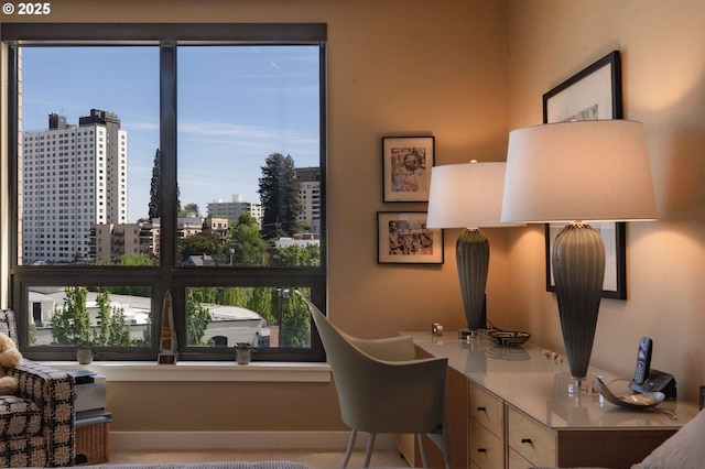 office featuring a city view and baseboards