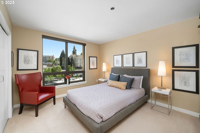 carpeted bedroom with baseboards and a closet