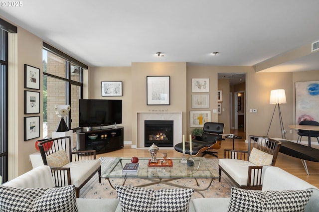 living room with wood finished floors, a premium fireplace, and baseboards