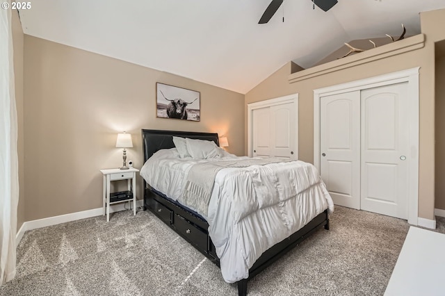 607 E Kennedy Ct, Carlton, OR 97111 - carpeted bedroom featuring lofted ceiling, two closets, baseboards, and a ceiling fan